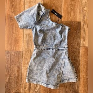 Fashion Nova Light Blue Acid Wash One-Shoulder Romper